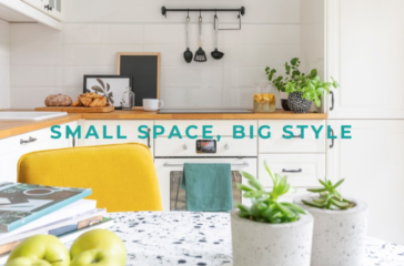 A bright and stylish small kitchen space featuring white cabinetry, wooden countertops, and a yellow chair, with the text ‘SMALL SPACE_BIG STYLE’ overlaid.