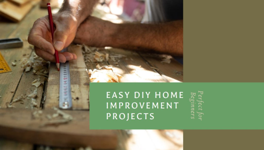 A person’s hands measuring wood with a ruler and pencil on a workbench, surrounded by wood shavings, with text ‘Easy DIY Home Improvement Projects’.