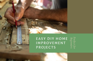 A person’s hands measuring wood with a ruler and pencil on a workbench, surrounded by wood shavings, with text ‘Easy DIY Home Improvement Projects’.