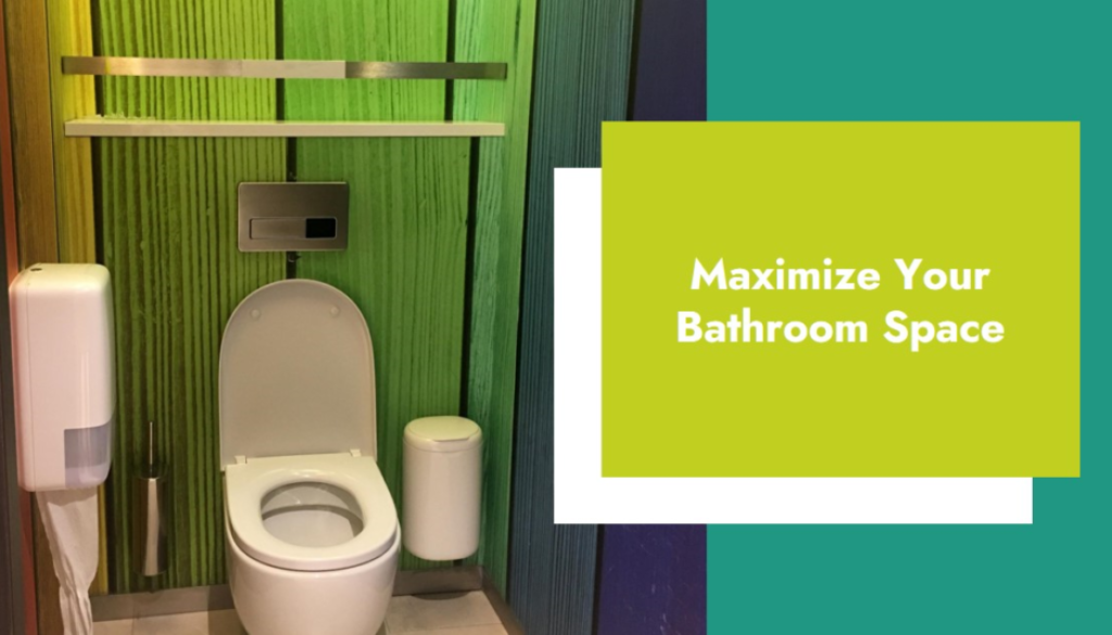 A sleek and modern bathroom setup featuring a white toilet and bidet, with a wall-mounted shelf and a green, vertically textured wall. A graphic suggests tips to maximize bathroom space.