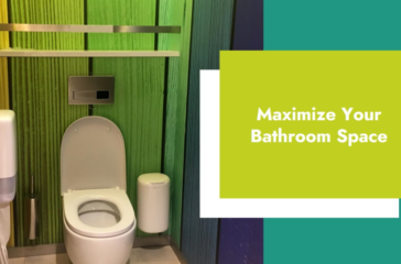 A sleek and modern bathroom setup featuring a white toilet and bidet, with a wall-mounted shelf and a green, vertically textured wall. A graphic suggests tips to maximize bathroom space.