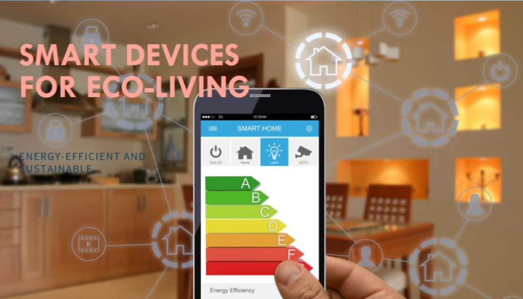 A smartphone held in a hand displaying an energy efficiency rating chart with grades from A to F, set against a background of a modern kitchen with various smart home icons overlaying the image.