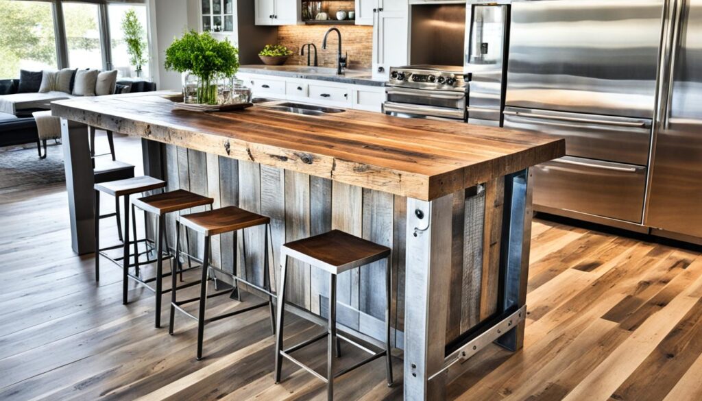 When creating your island, think about adding other reclaimed elements. Old light fixtures or aged metal accents can enhance the design. This mix of materials brings out a special look in your kitchen.