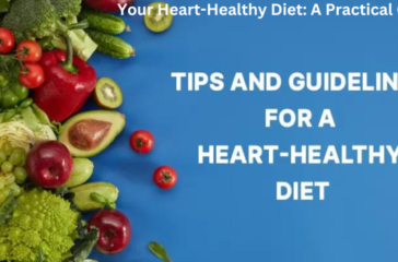 A variety of fresh vegetables and fruits arranged on a blue background with text overlay reading “Your Heart-Healthy Diet: A Practical Guide” and “TIPS AND GUIDELINES FOR A HEART-HEALTHY DIET.”