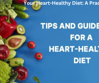 A variety of fresh vegetables and fruits arranged on a blue background with text overlay reading “Your Heart-Healthy Diet: A Practical Guide” and “TIPS AND GUIDELINES FOR A HEART-HEALTHY DIET.”