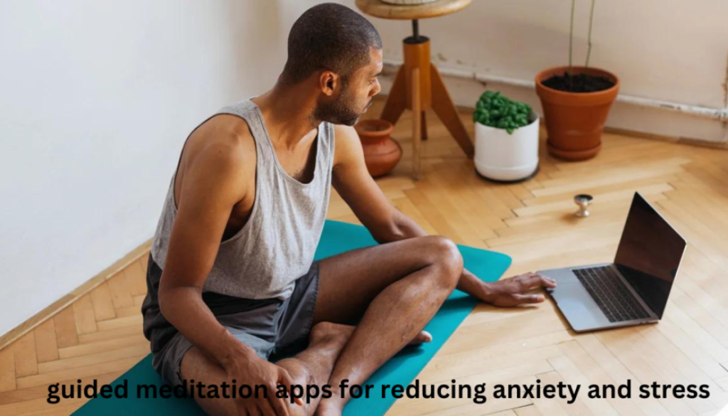 person sitting on a yoga mat in a room with potted plants, facing an open laptop with text overlay “guided meditation apps for reducing anxiety and stress.