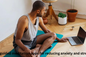 person sitting on a yoga mat in a room with potted plants, facing an open laptop with text overlay “guided meditation apps for reducing anxiety and stress.