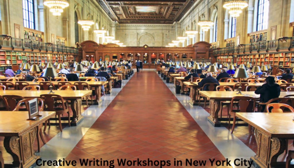 Interior of a grand library with rows of wooden tables and blue-shaded lamps, people reading, and a central aisle leading to a large window at the end.