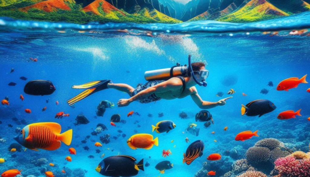 A scuba diver explores a vibrant underwater scene with a variety of colorful fish and coral reefs, with the water’s surface and mountains visible above.