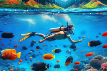 A scuba diver explores a vibrant underwater scene with a variety of colorful fish and coral reefs, with the water’s surface and mountains visible above.