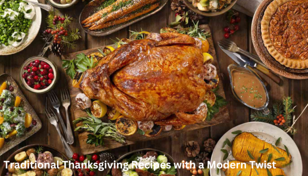 A roasted turkey takes center stage on a festive Thanksgiving table surrounded by various dishes, including green beans, corn, salads, and pies.